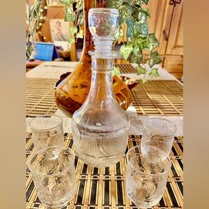 Vintage Arcoroc Fleur glass decanter and matching glasses